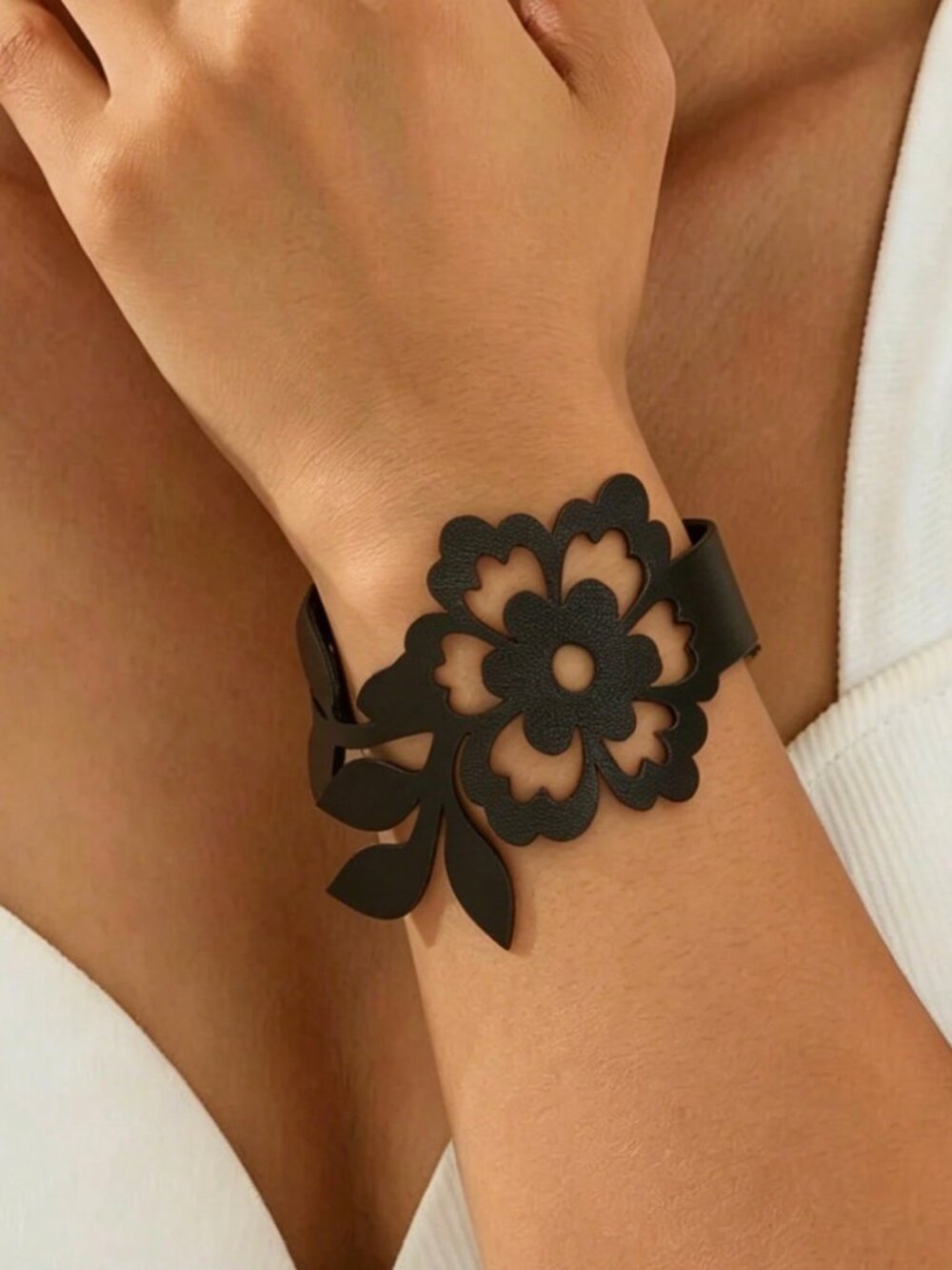 Hollow Gothic Subculture floral Black Double Layer PU Leather Bracelet